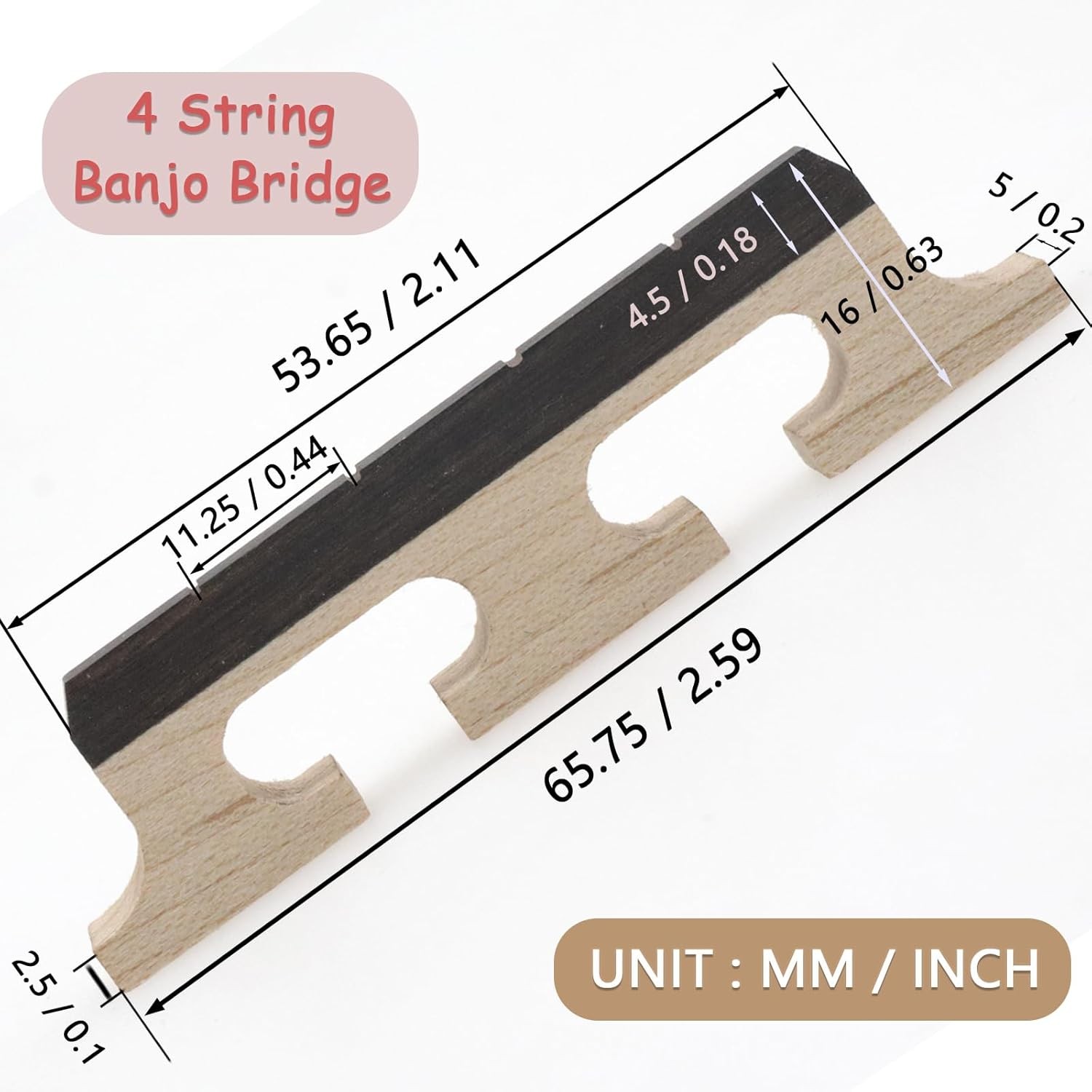 CashBeat 4-String Banjo Bridge - Premium Ebony and Maple 4 String, natural