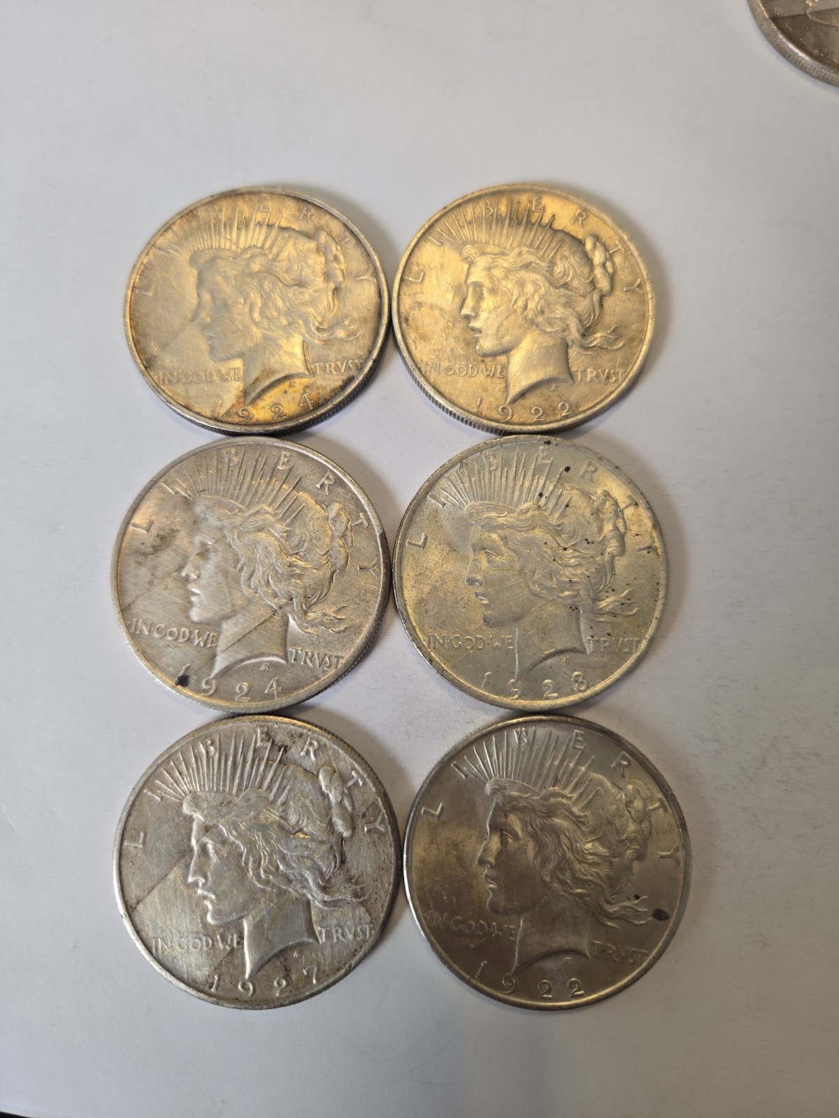 Lot of 6 Silver Peace Dollars U.S. Coins 90% Silver