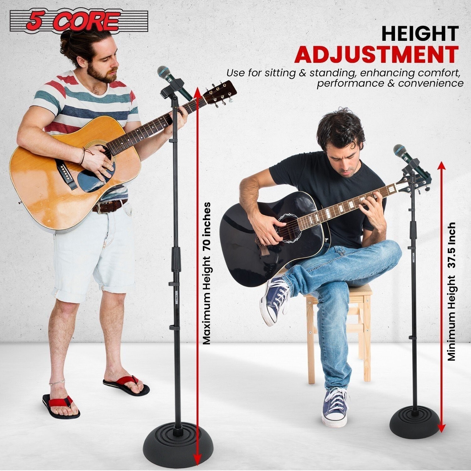 5Core Mic Stand Floor Adjustable Round Base Universal Metal Microphone Stands 2x