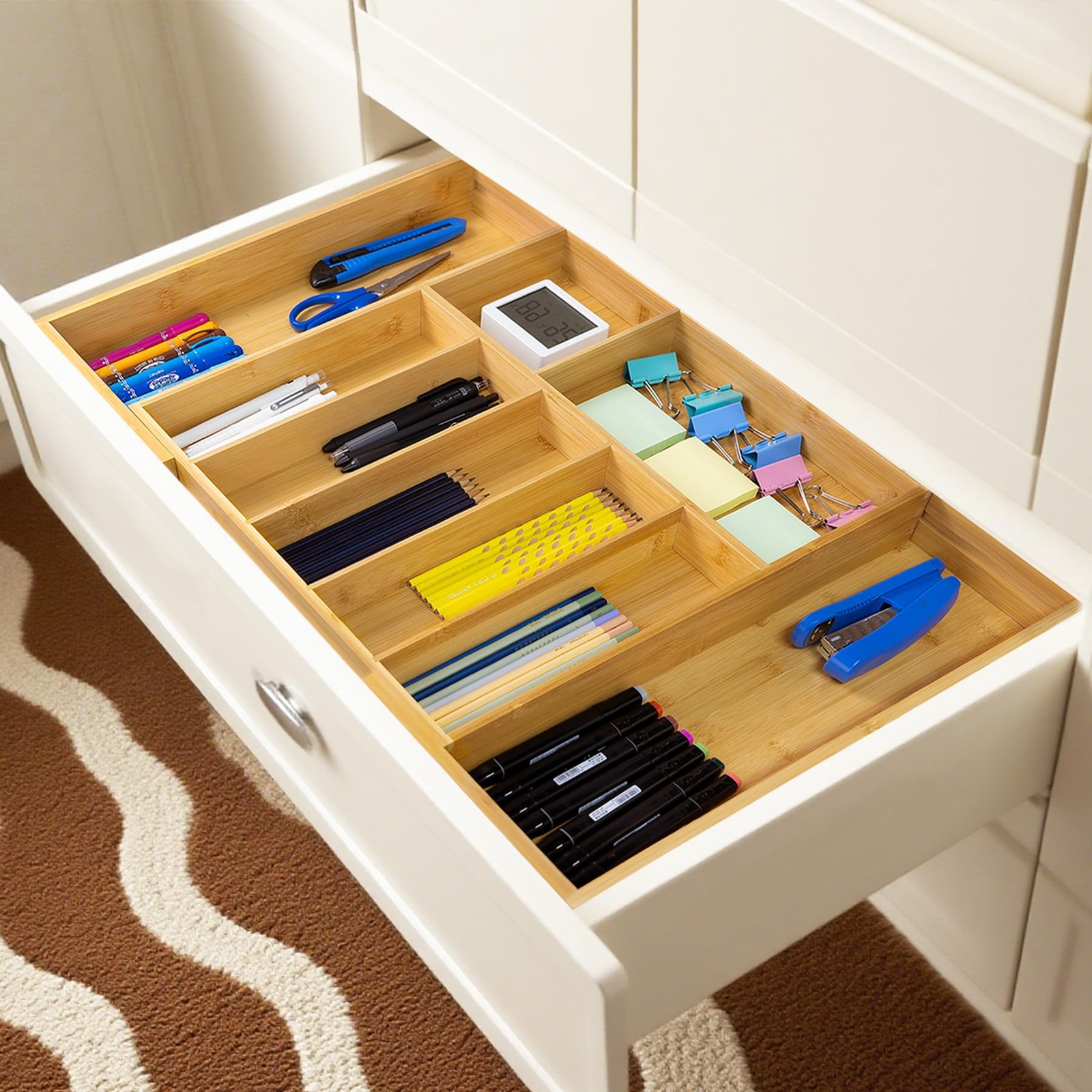 Utoplike Extra Large Kitchen Drawer Organizer, Solid Bamboo Natural