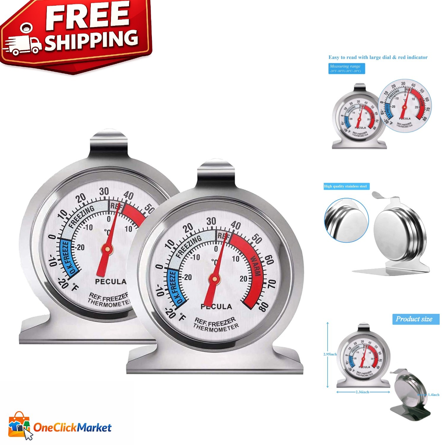 High Accuracy Refrigerator Thermometer Set - Stainless Steel, Large Dial 2-Pack