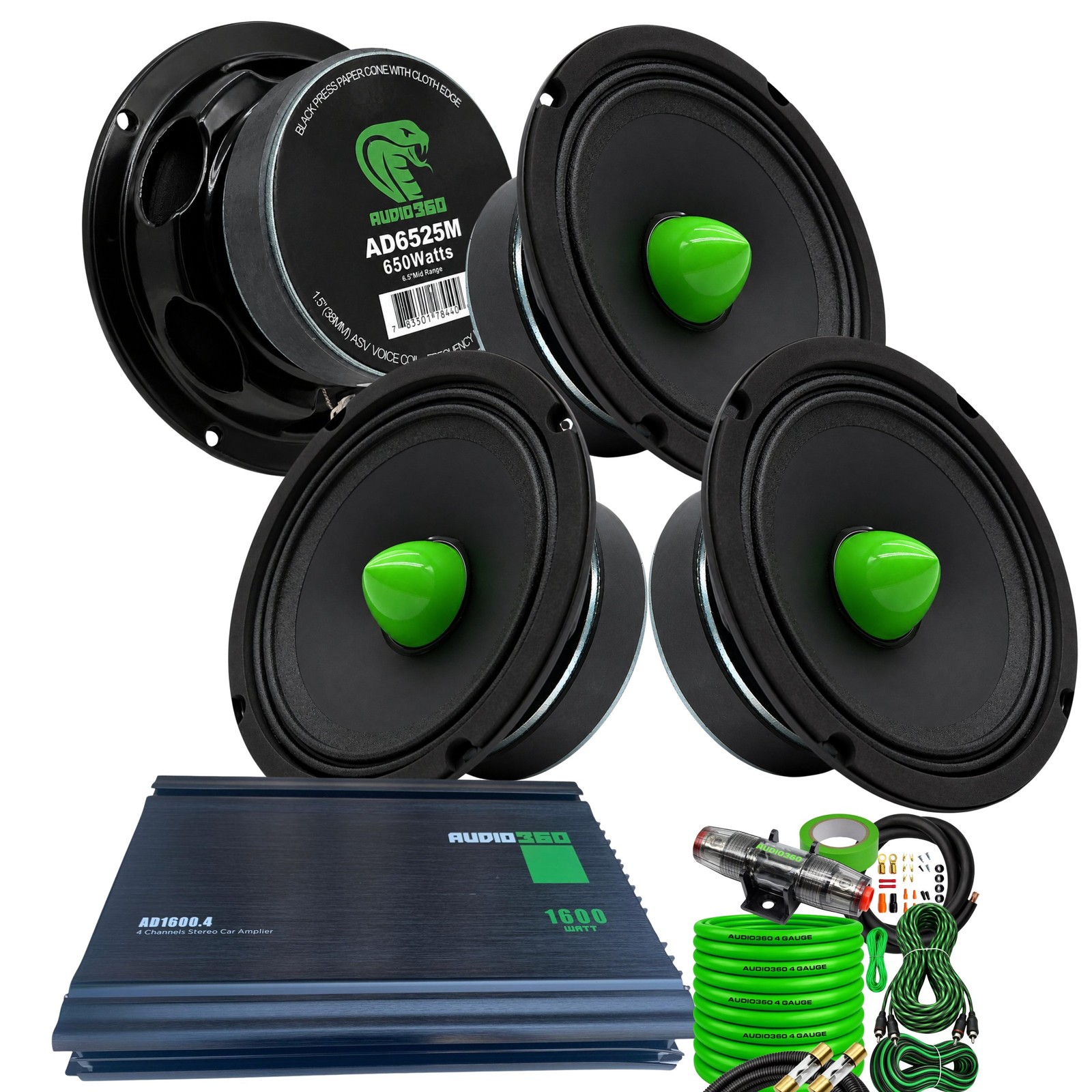 4 Pcs Audio 360 AD6525M 6.5" Midrange Speakers + Audio360 AD1600.4 Amp Bundle