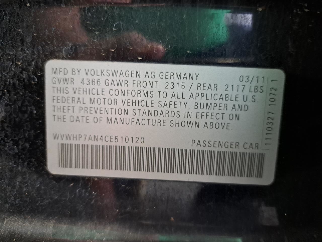 2012 Volkswagon Vw Cc Jack Sku#4251075