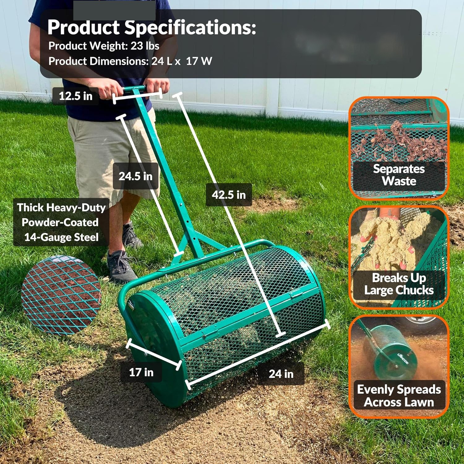 24 Inch Compost and Peat Moss Spreader Roller Dressing Lawn and Garden Spreader