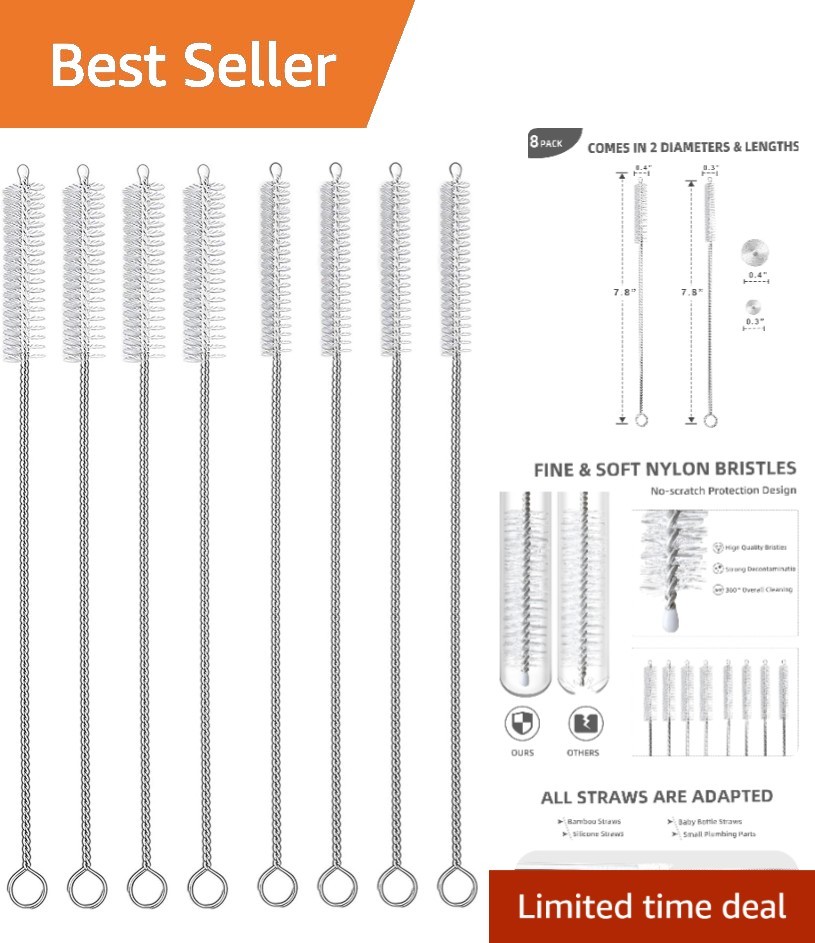 Food-Grade Stainless Steel Brush Set - 8 Reusable Cleaners for Straws & Pipes