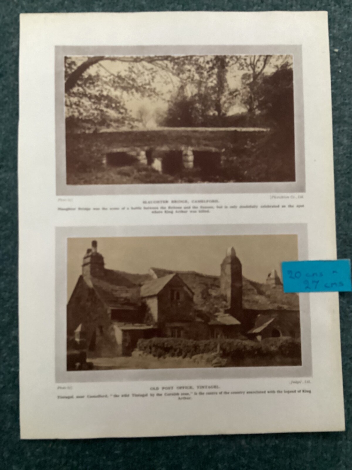 Antique print ,OLD POST OFFICE TINTAGEL & SLAUGHTER BRIDGE, CAMELFORD