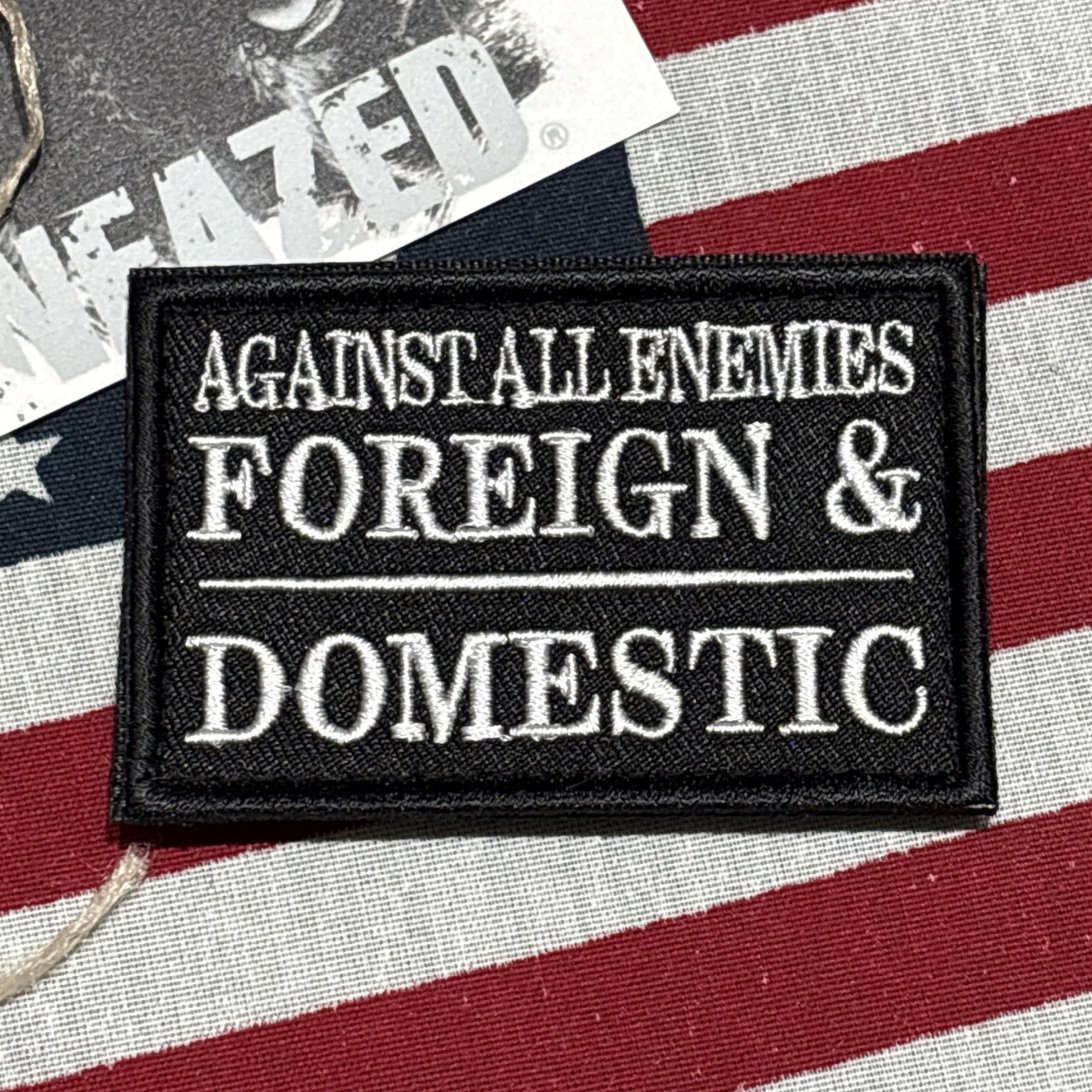 Against All Ememies Foreign… Patch 3x2” Hook & loop High Quality Embroidery