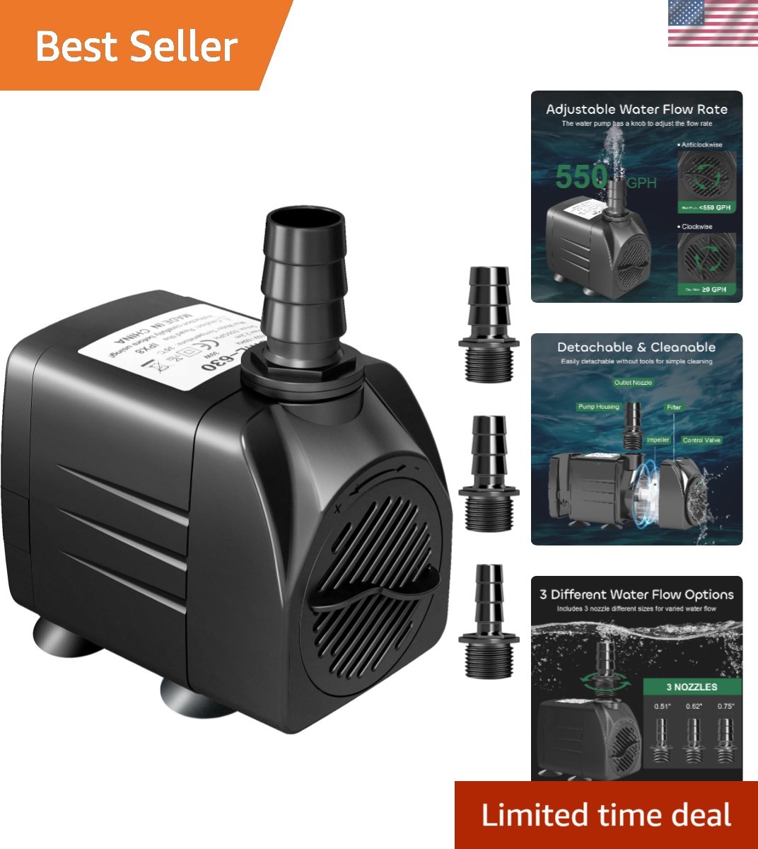 Versatile 550GPH Submersible Fountain Pump with 7.2ft Lift - Ideal for Aquatics