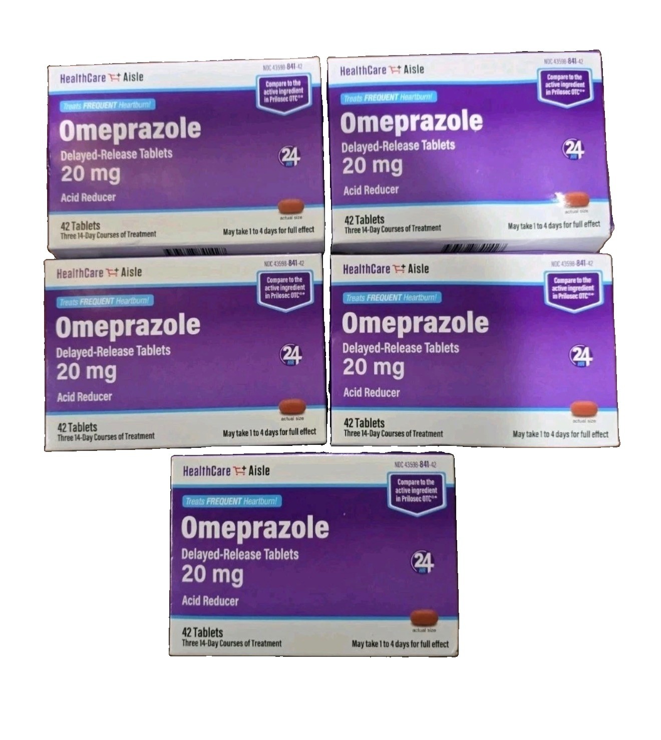 Lot of 5 Omeprazole Acid Reducer 20mg Delayed-Release 42 Tablets Each, Exp 09/26