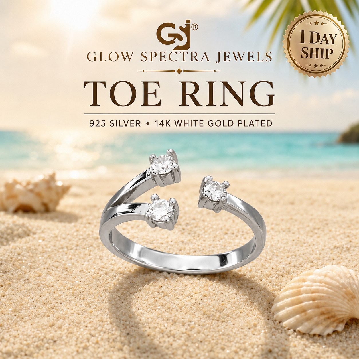 3 Round Simulated Diamond Adjustable Toe Ring 14k White Gold Plated