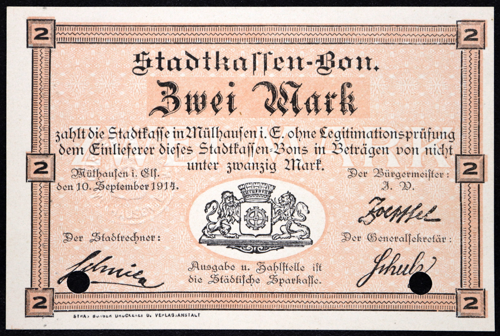 MÜLHAUSEN / MULHOUSE 1914 2 Mark Early WWI German Notgeld France Alsace