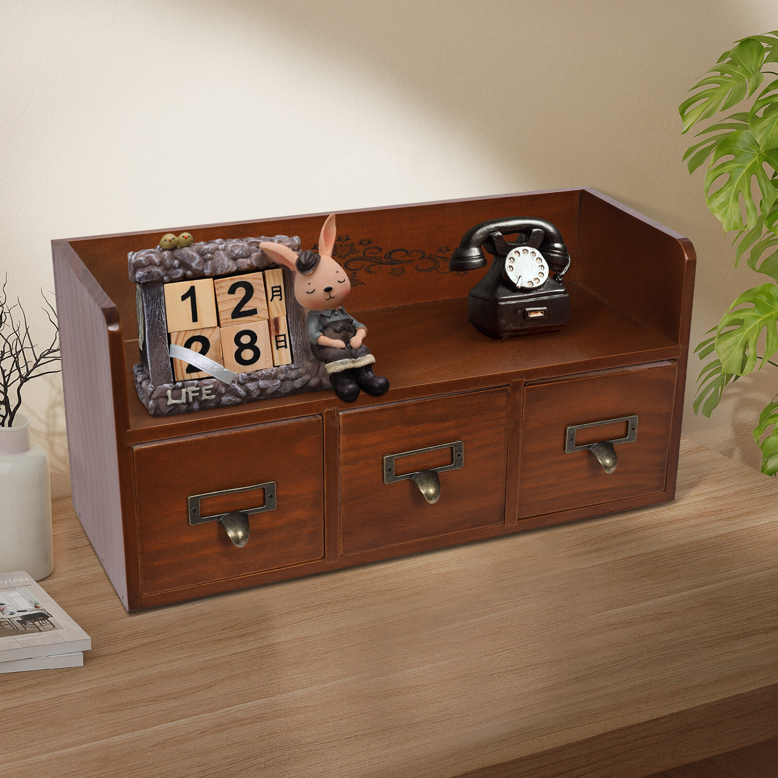 3 Drawers Vintage Desktop Organizing Cabinet Brown Supplies Organizer For Desk