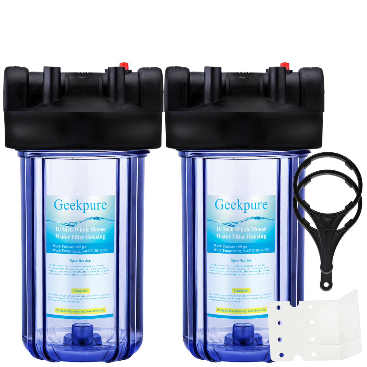 Geekpure 2 Pcs 10" x 4.5" Whole House Water Filter Clear Housing 1" Outlet/Inlet