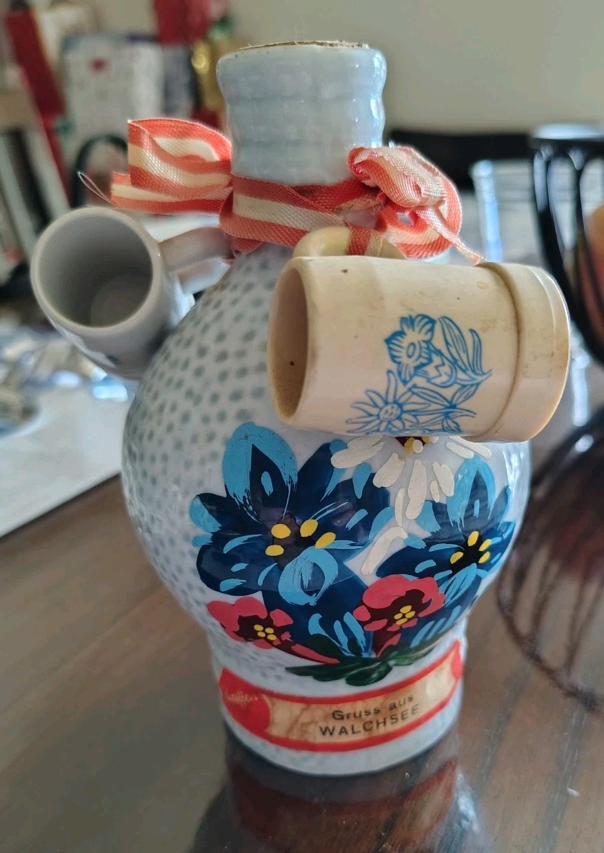Vintage Austria SCHROFFEN  ENZIAN Liquor Bottle Blue Floral With Mini Mugs