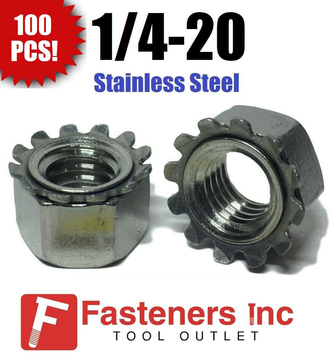 (Qty 100) 1/4-20 Kep Hex Star Lock Nuts Stainless Steel CoarseThread 18-8 / 304