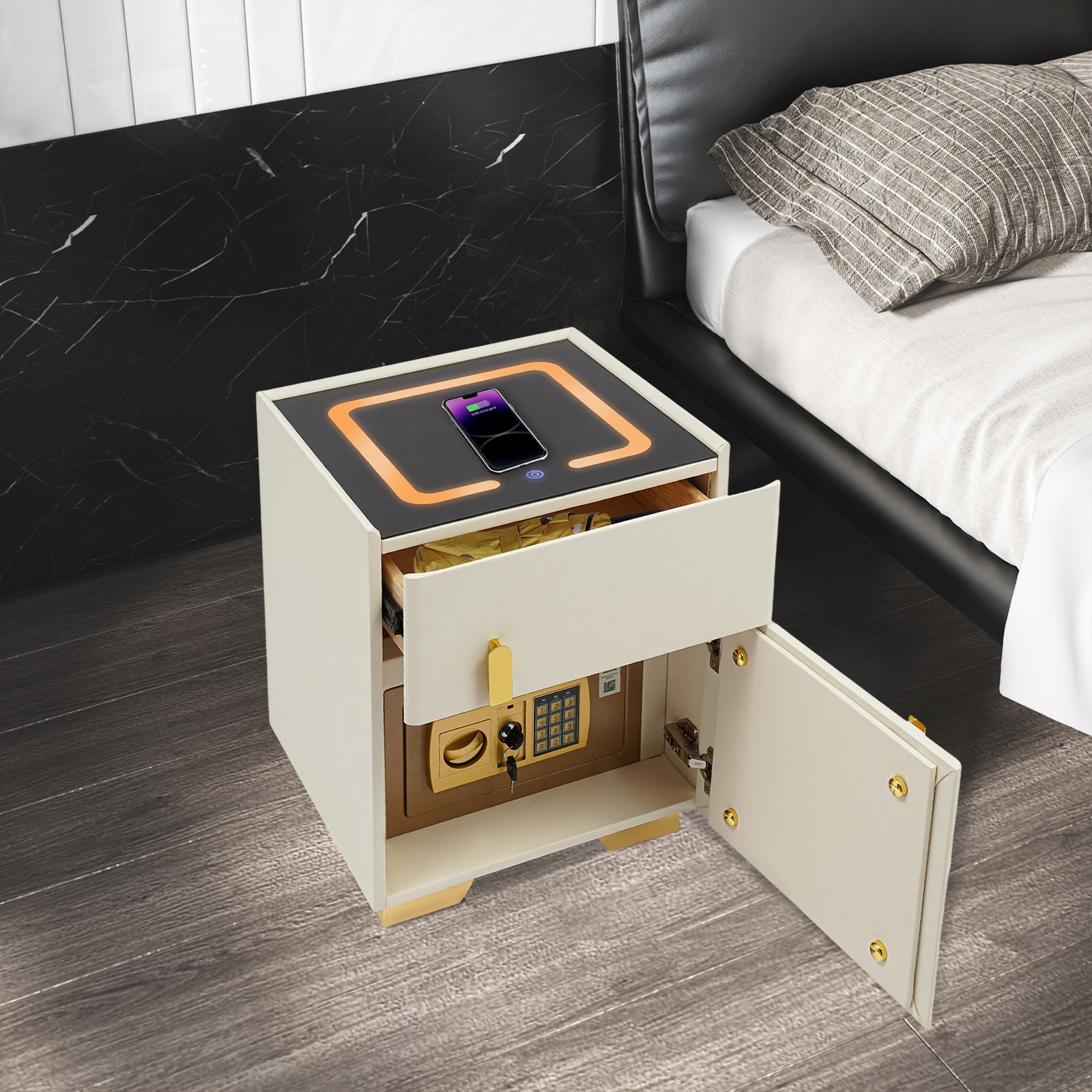 Led Nightstand with Wireless Charging and Secure Safe Box Storage