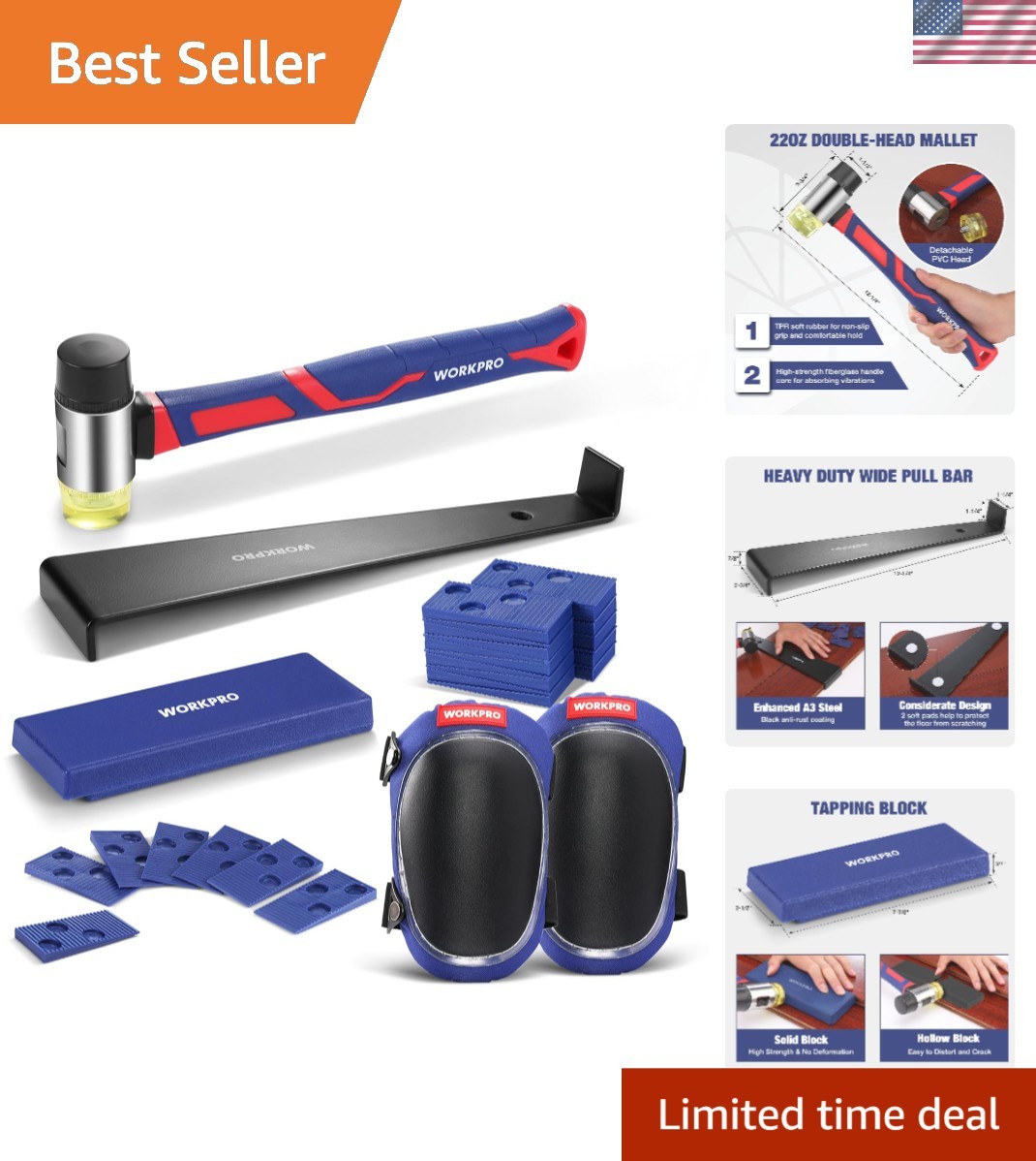 43-Pack Flooring Installation Kit: Rubber Mallet, Pull Bar & Knee Pads