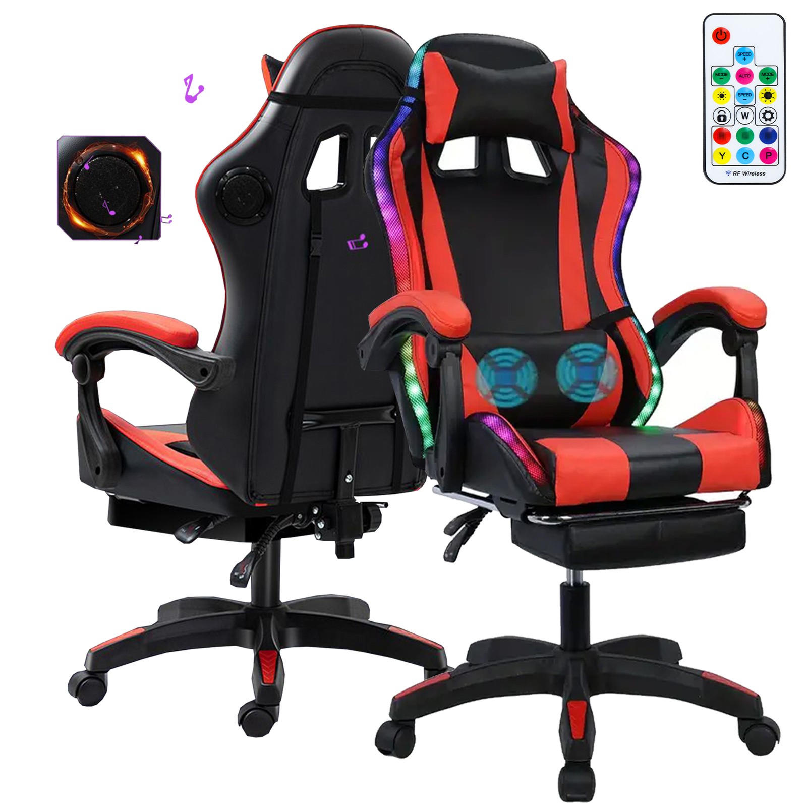 Gaming Chair with Footrest, Full Massage Chair with Bluetooth Speaker, LED Light