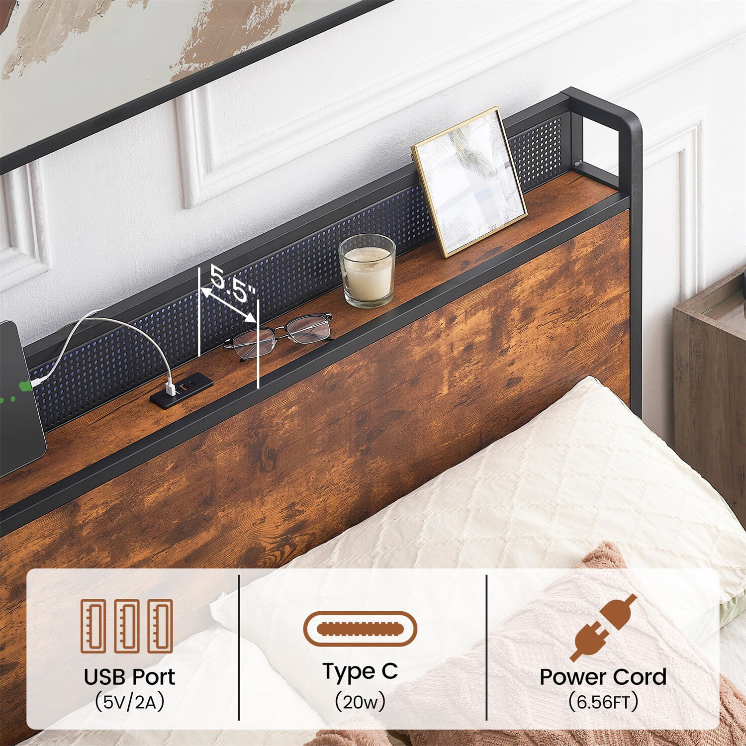 Queen Size Bed Frame with 4 Drawers RGB Lights and Charging Station Headboard N