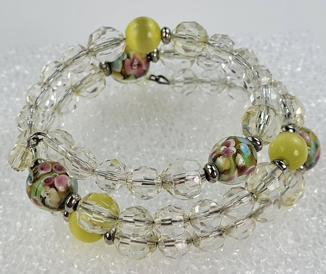 Clear Acrylic Millefiori And Moonstone Glass Bead Wrap Bracelet 7 In Sizable