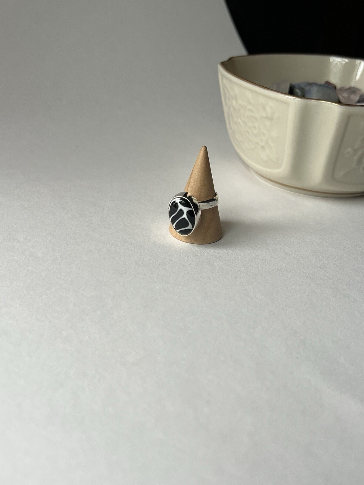 Black & White Talavera Ring 925 Sterling Silver Adjustable Artisan