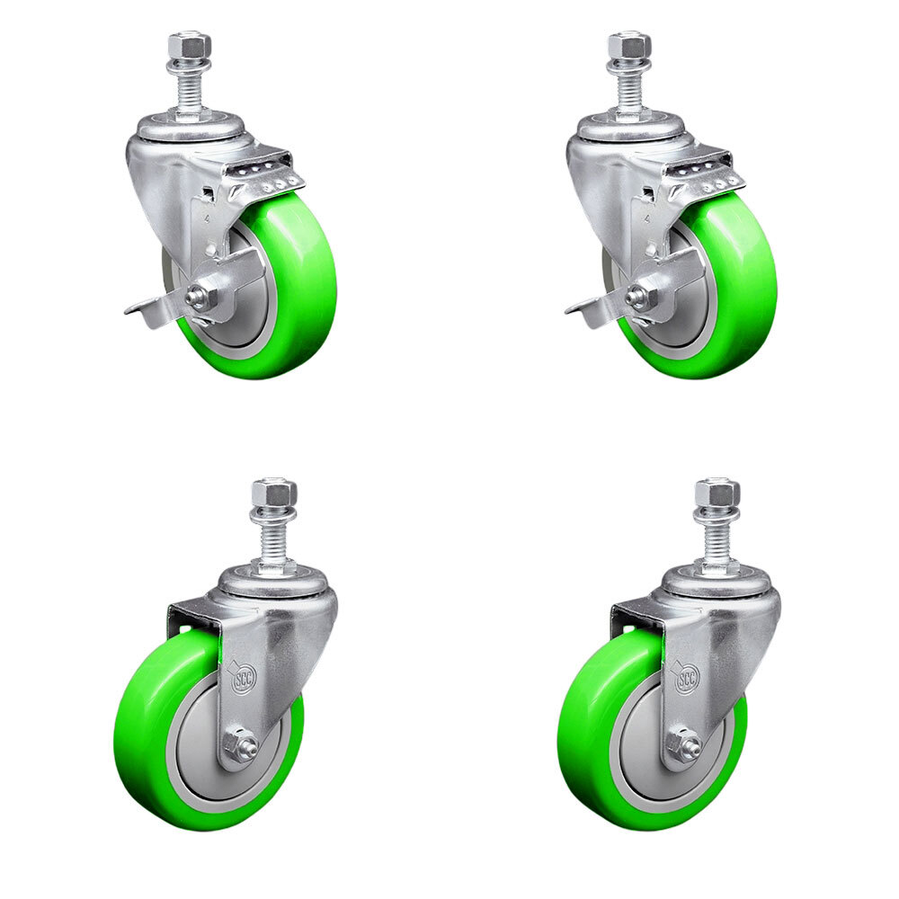 4 Inch Green Polyurethane Wheel Swivel ½ Inch Threaded Stem Caster Set 2 Brakes