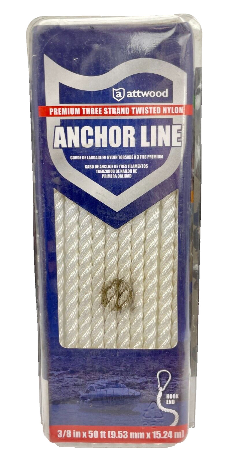 Attwood Three Strand Twisted Nylon Anchor Line w/Hook End 3/8in x 50ft 11707-7