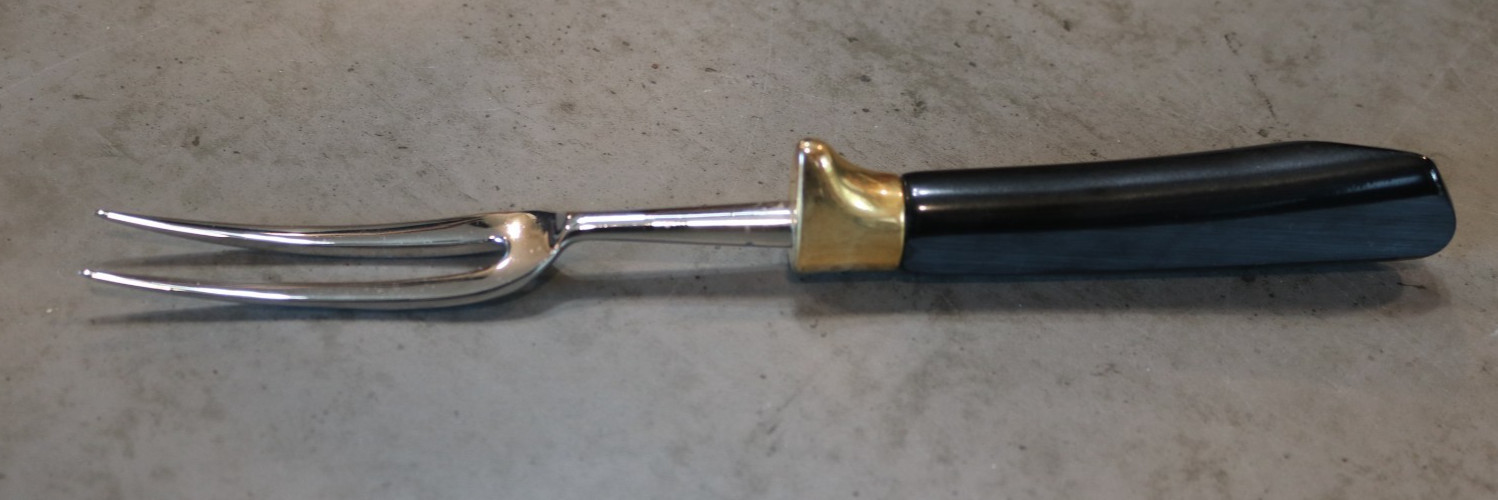 VTG GLO HILL  GOLD'N'EBONY BAKELITE HANDLE MEAT SERVING FORK 10"