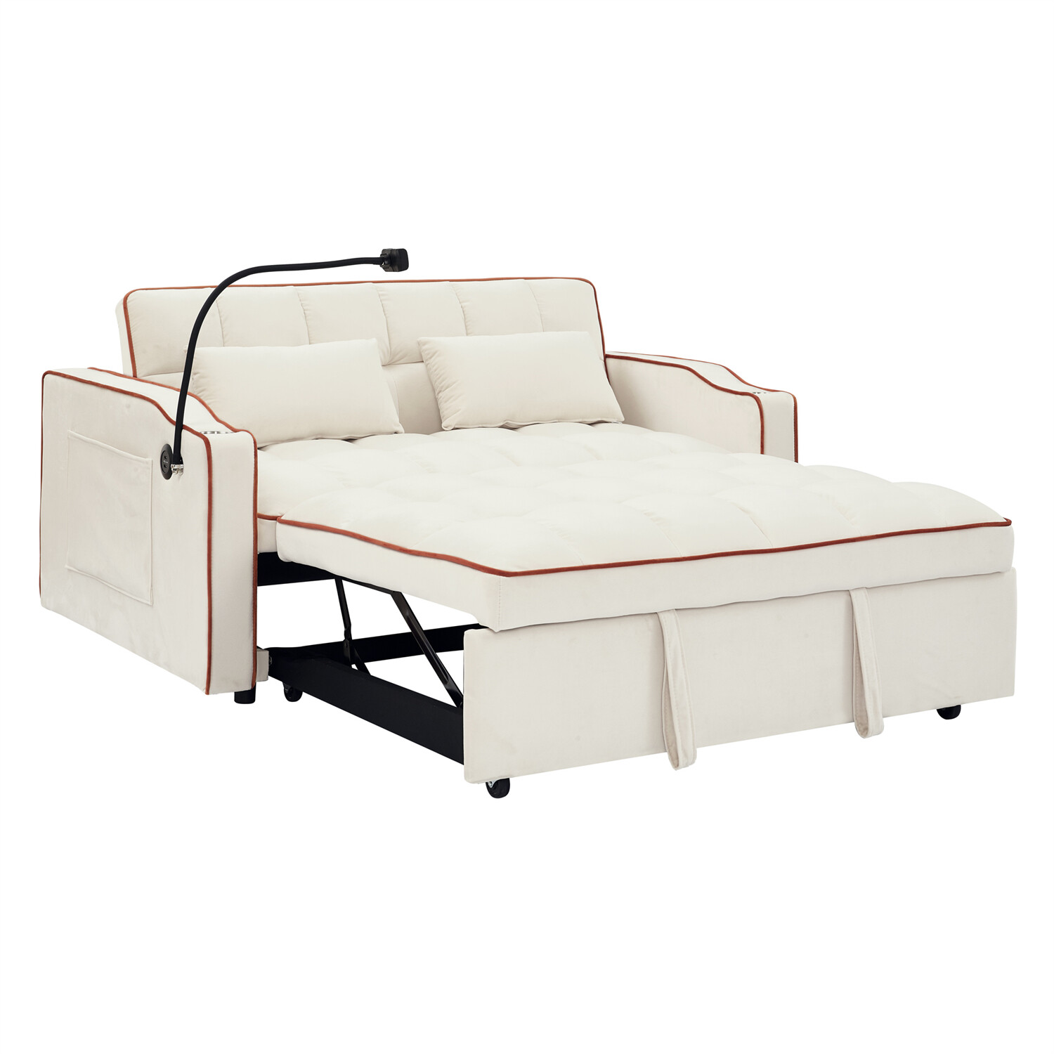 55.5" Velvet Convertible Sleeper Sofa Bed Loveseat Couch w/ Pull Out Bed Beige