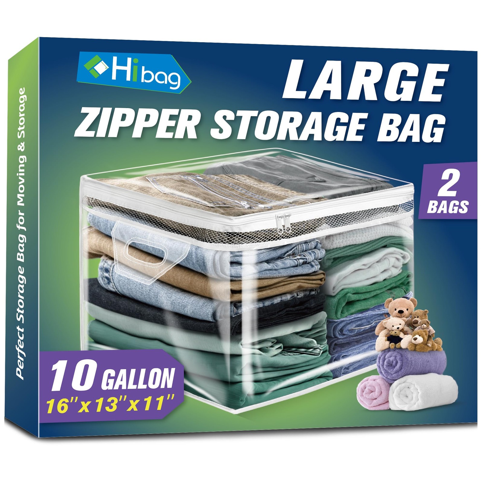 10 Gallon Large Storage Bag for Clothes, Zipper Clothing Storage Bag, Clear O...