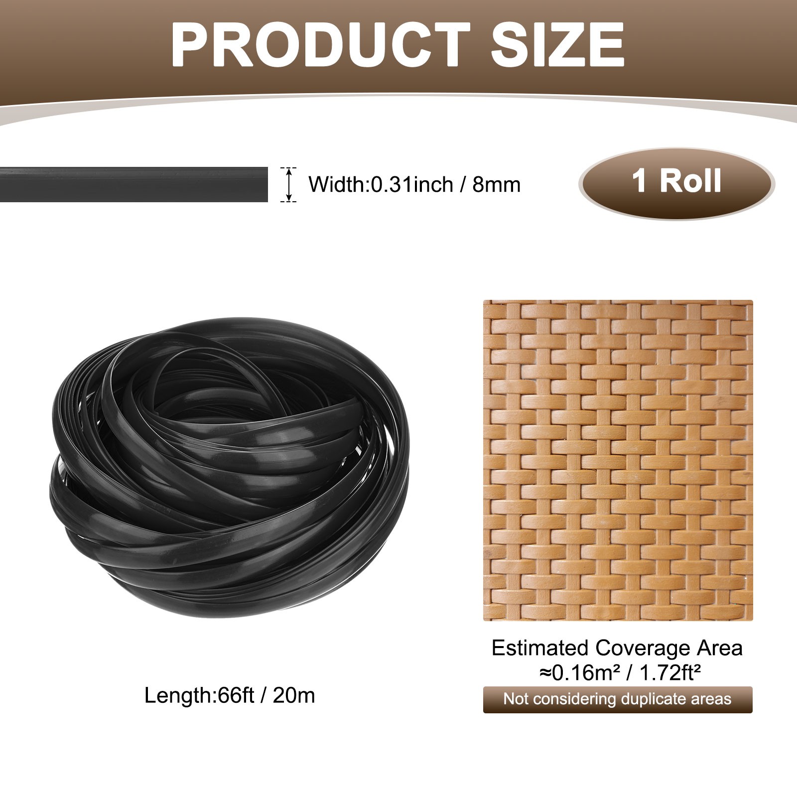 1-Pack Wicker Repair Kit, 8mm x 66ft/20m Plastic Flat Rattan [Black]