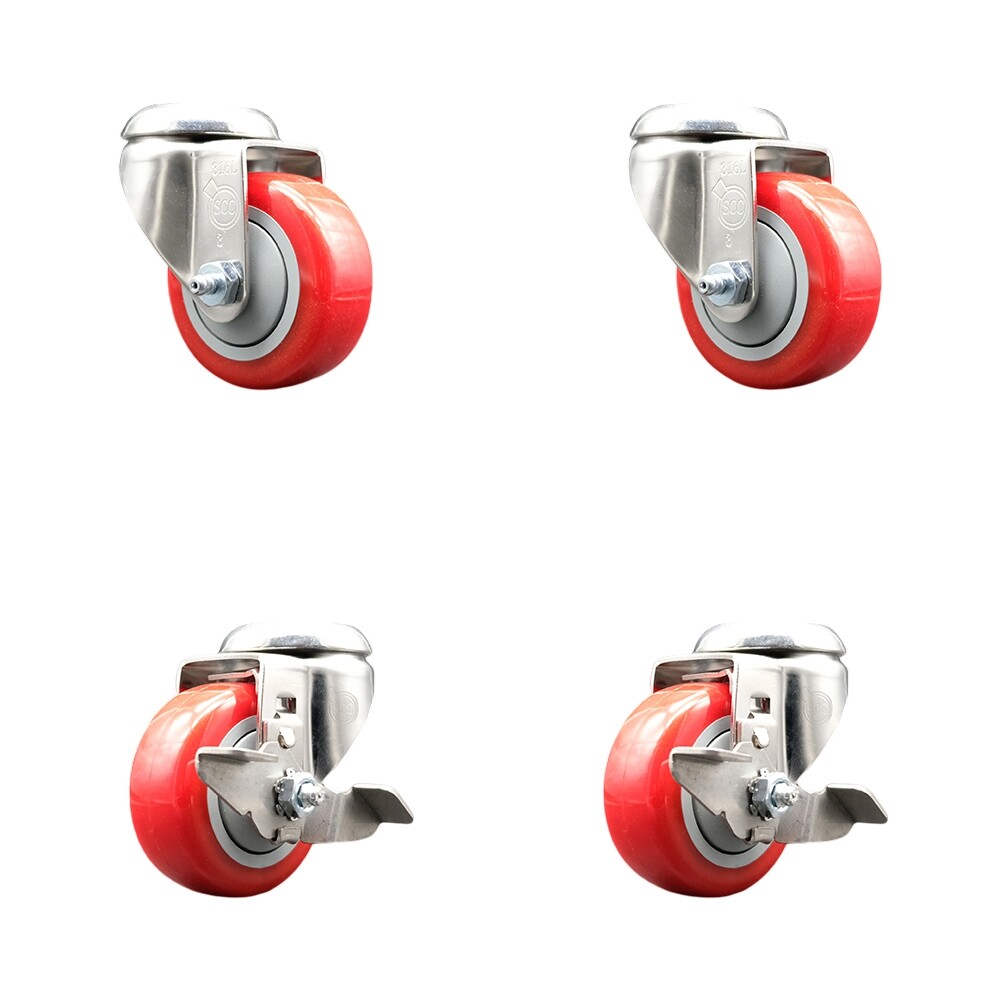 3 Inch 316SS Red Polyurethane Wheel Swivel Bolt Hole Caster Set 2 Brakes SCC