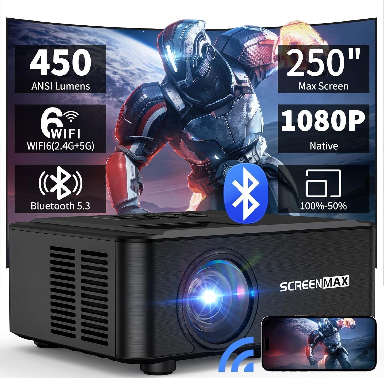 SCREENMAX Projector with WIFI and Bluetooth,Native 1080P Projector, 450 ANSI Por