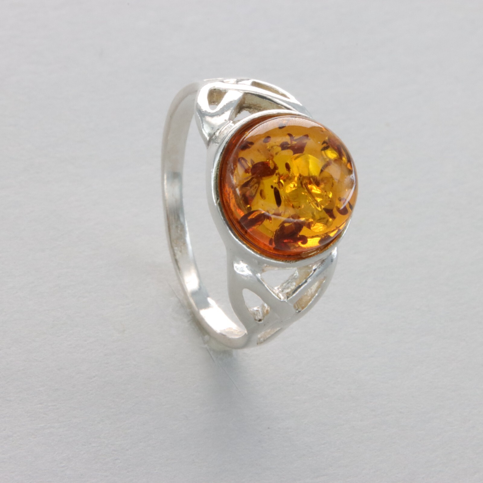 Cognac / Brown Round BALTIC AMBER Celtic Ring 925 STERLING SILVER - Poland #32e
