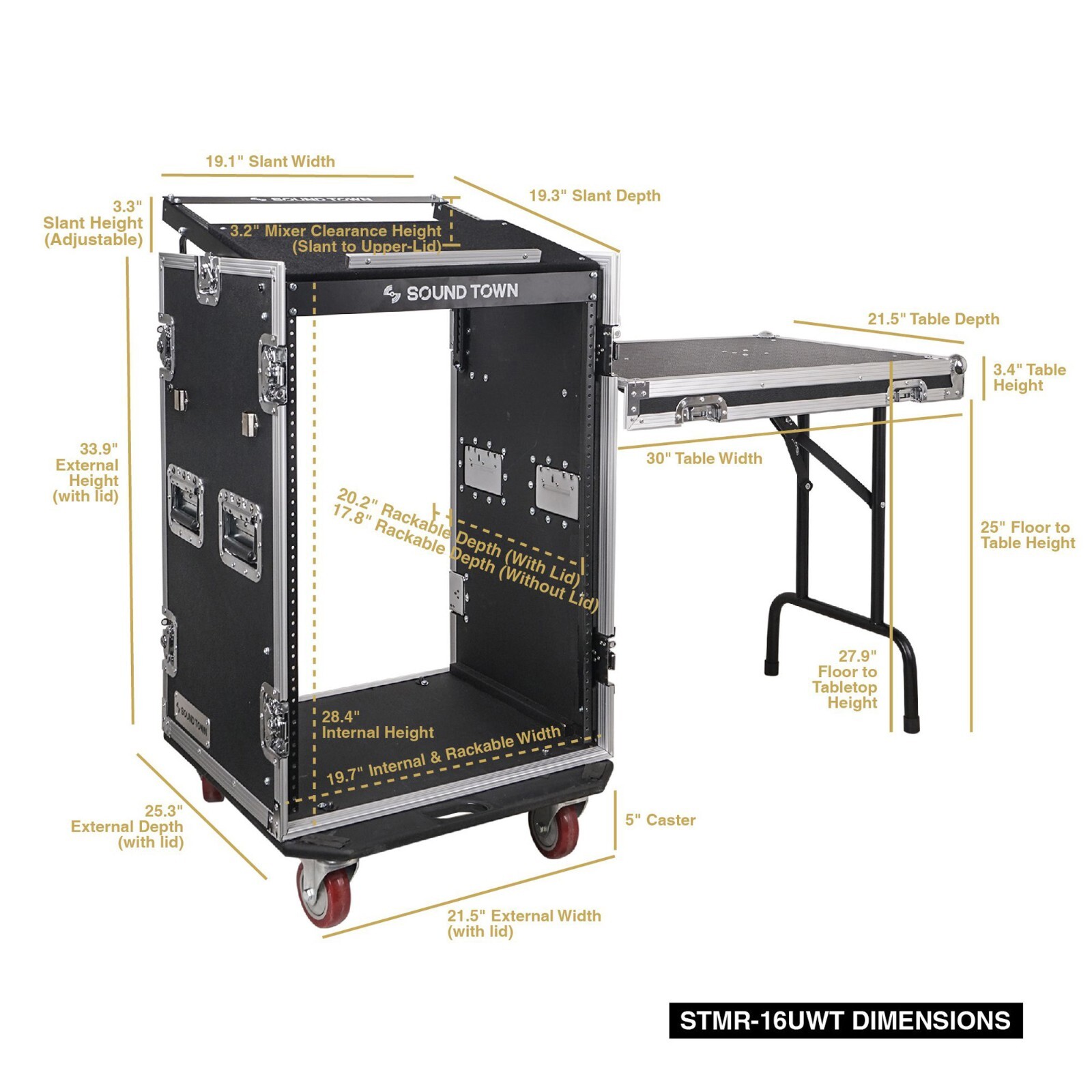 Sound Town 16U DJ Rack Case w/11U Slant Mixer Top Casters Lock Drawer STMR-16TD3