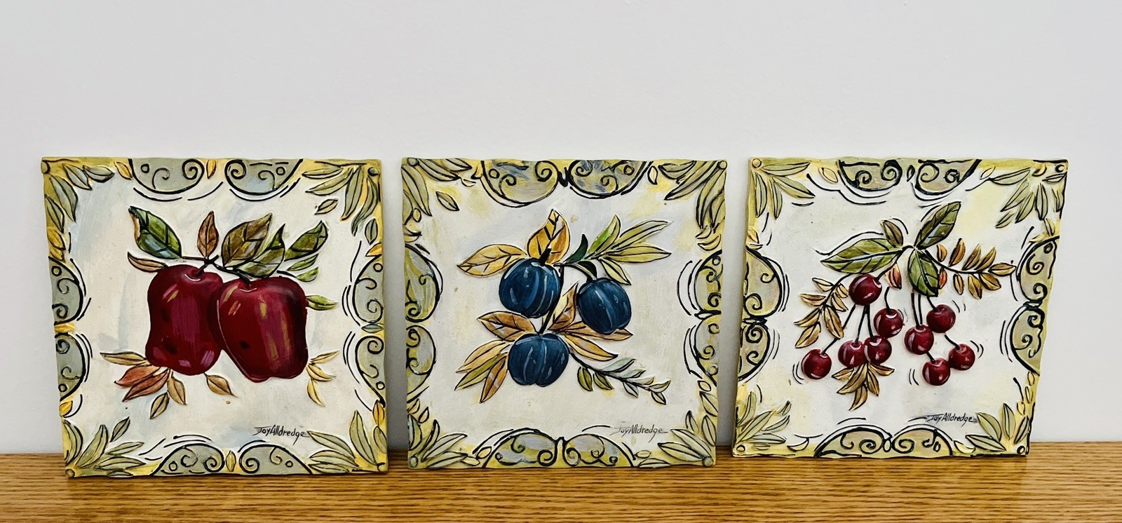 Vintage Set Of 3 Hand Painted Fruit Tiles Plaques By Joy Alldredge Artist Signed
