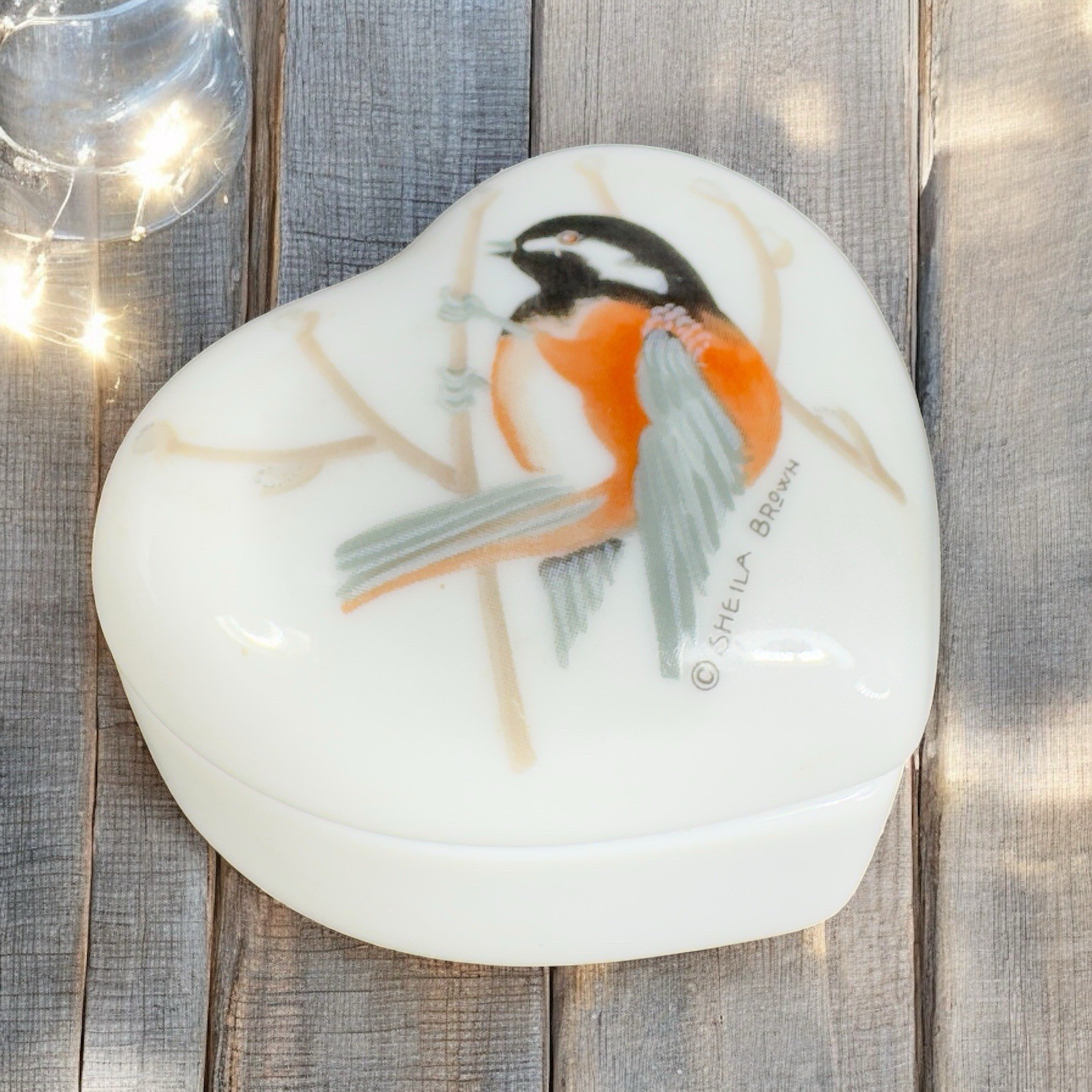 Vintage Otagiri Chickadee Heart Shaped Bird Trinket Box Sheila Brown Container