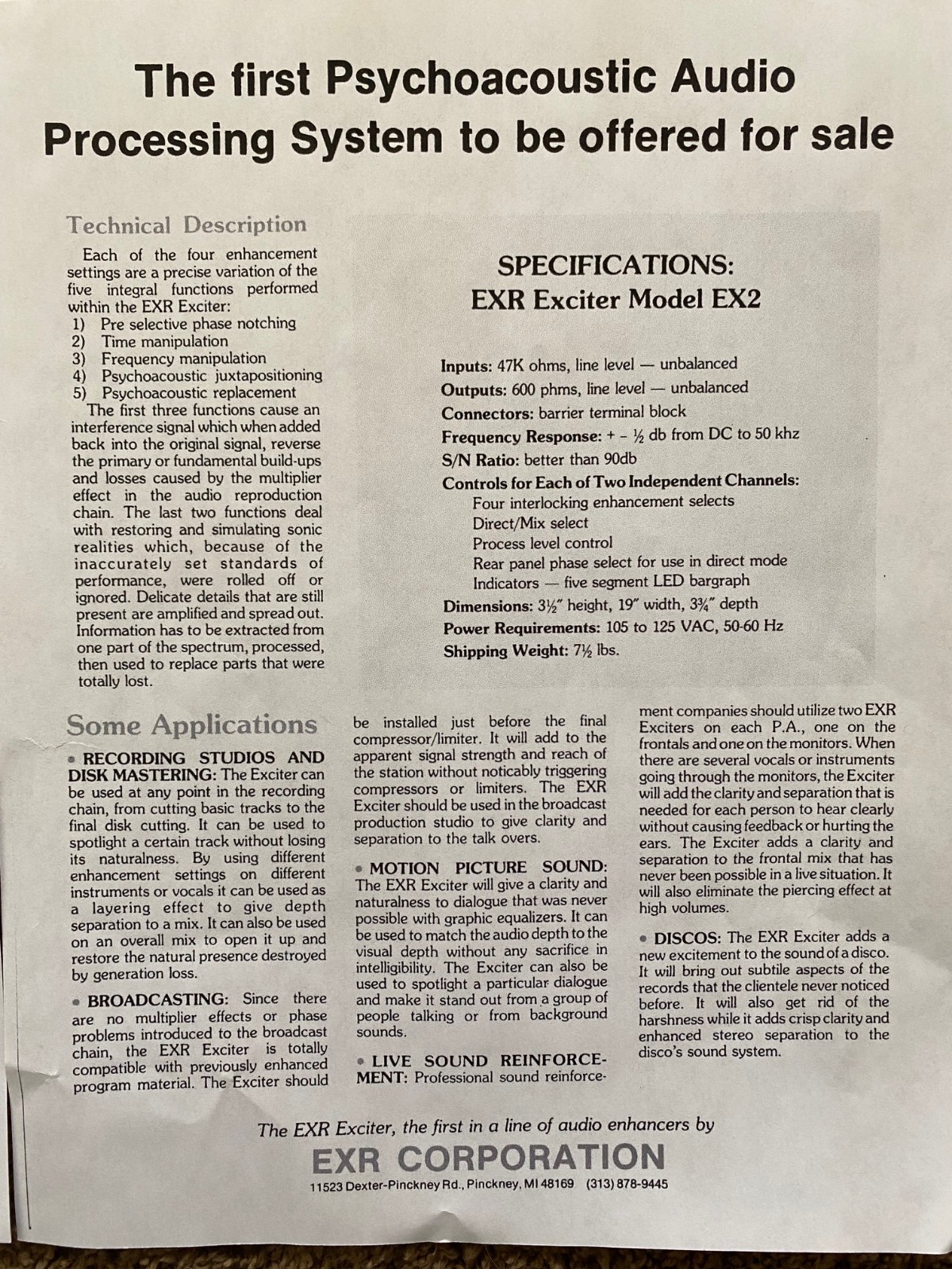 EXR SP II Exciter Psychoacoustic Projector in good condition