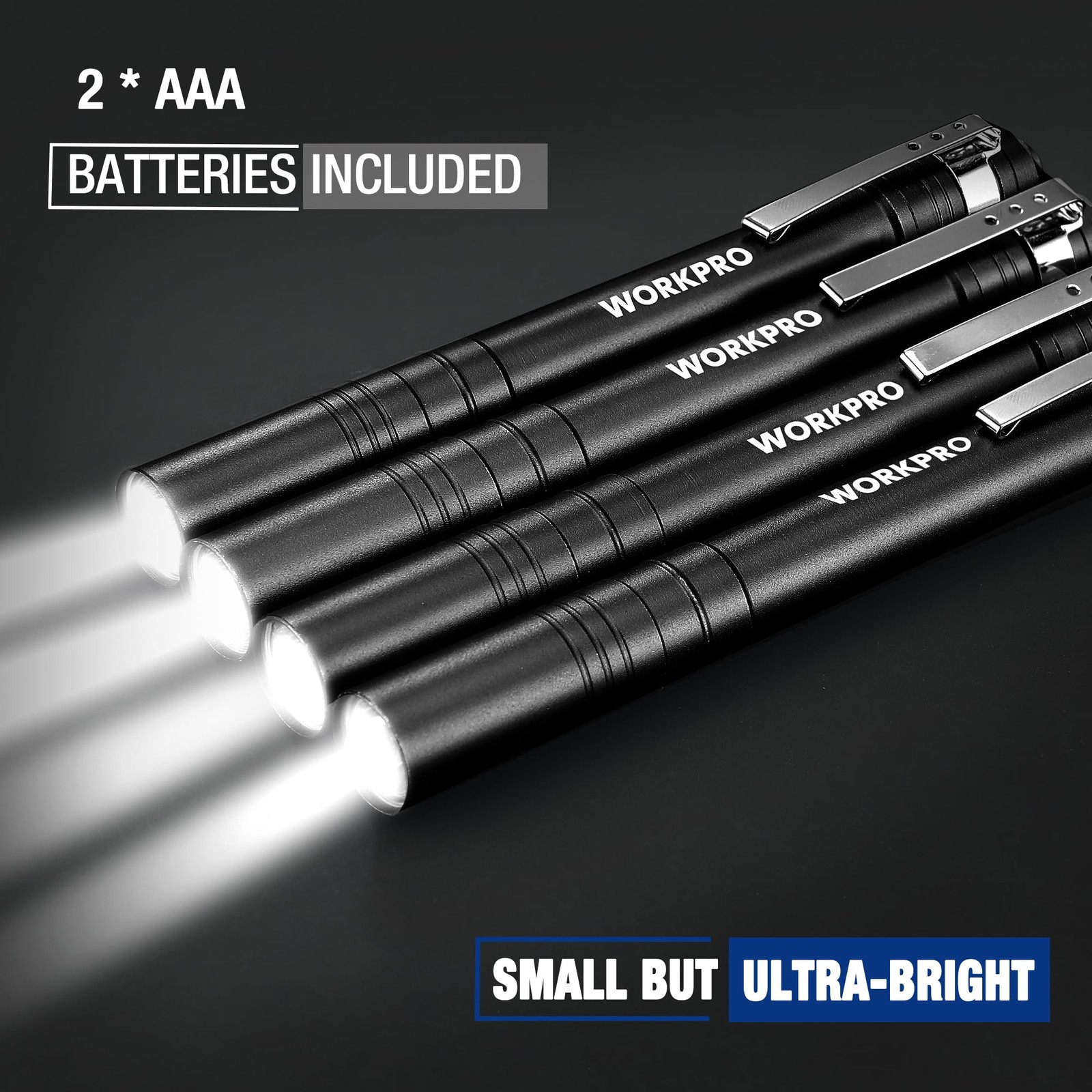 WORKPRO LED Pen Light, Aluminum Pen Flashlights, Pocket Flashlight with Clip 4pc