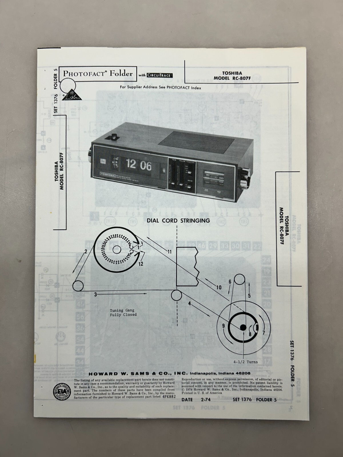 Toshiba RC-807F Service Manual Sams Photofact Free Shipping