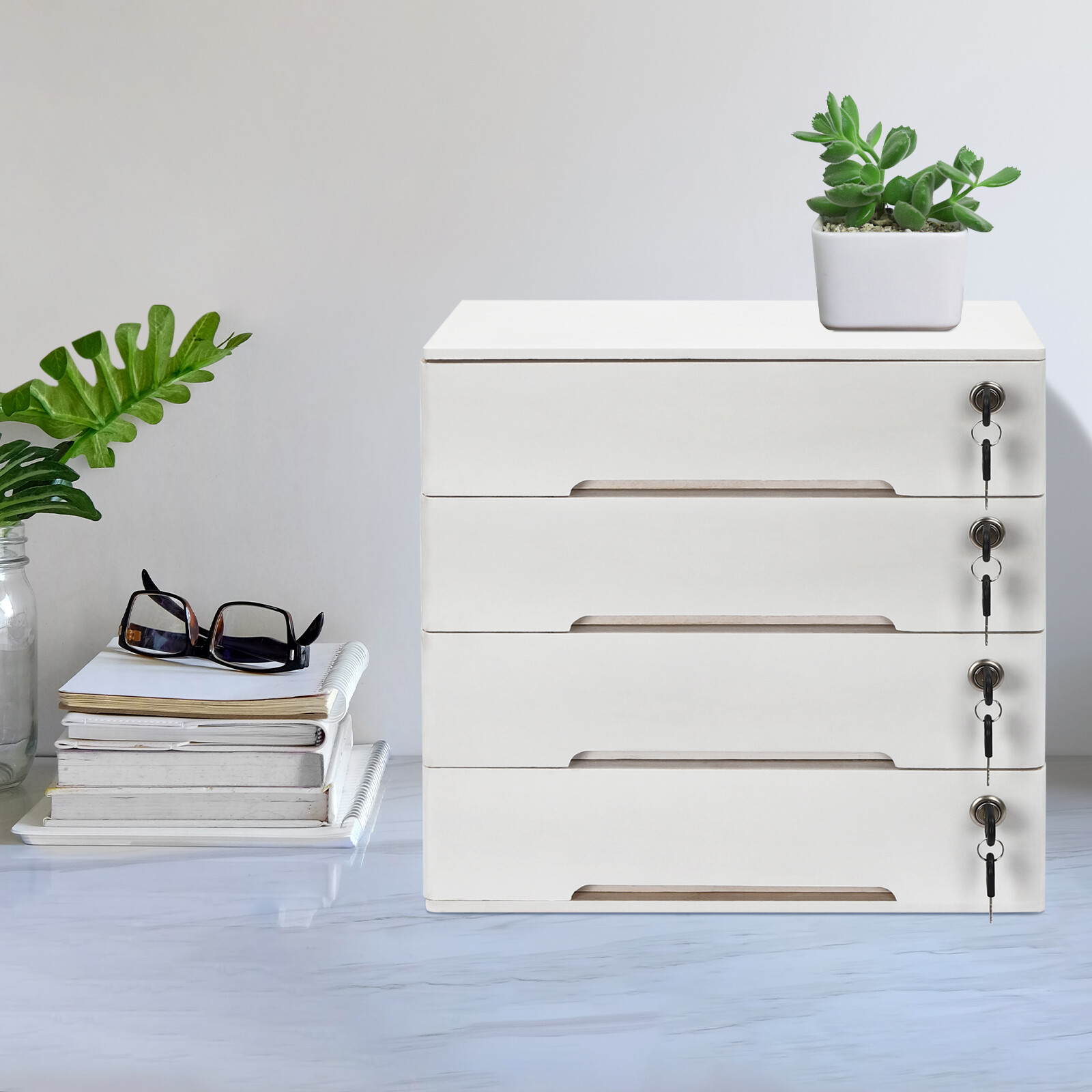 15.75*11*15.94" 4-layer white wooden desktop storage box file cabinet W/ drawers
