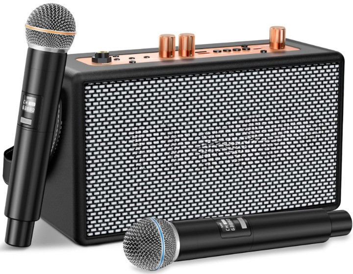 Karaoke Portátil Retro 2 Micrófonos Inalámbricos Bluetooth USB TF TWS, Nuevo