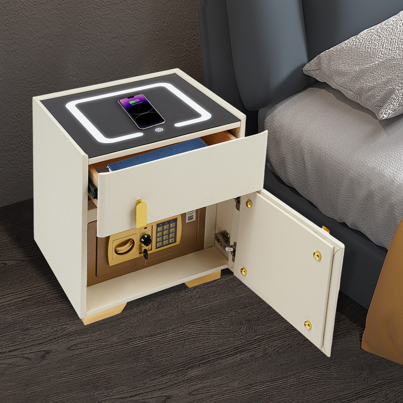 Led Nightstand with Wireless Charging and Safe Box Night Stand, Bedside Table