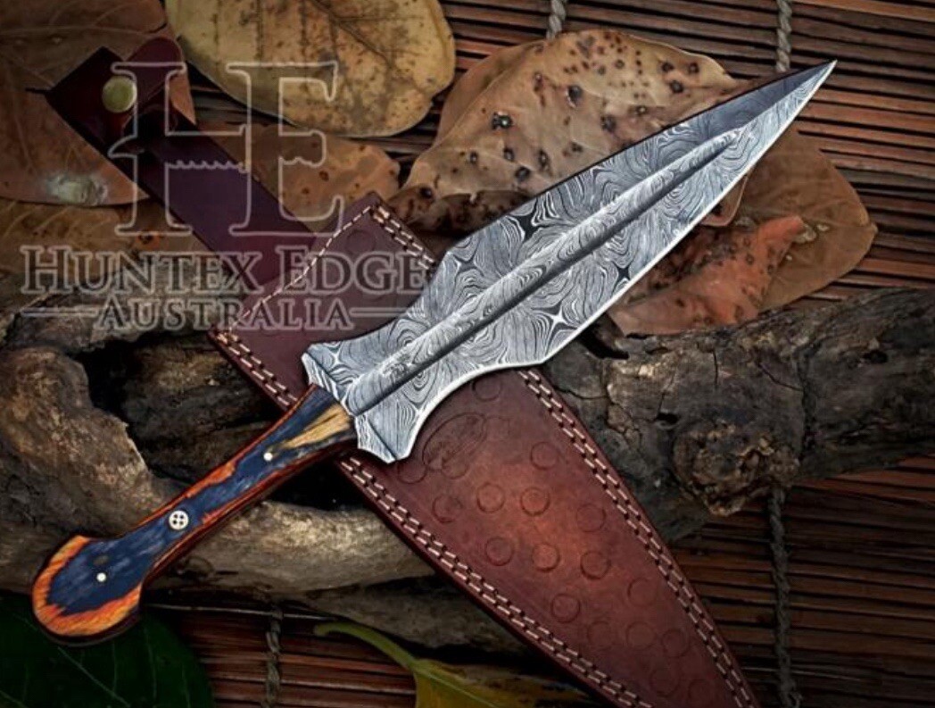 11” Handmade Damascus Fixed Double-Edged Blade Hunting Dagger Knife Full Tang