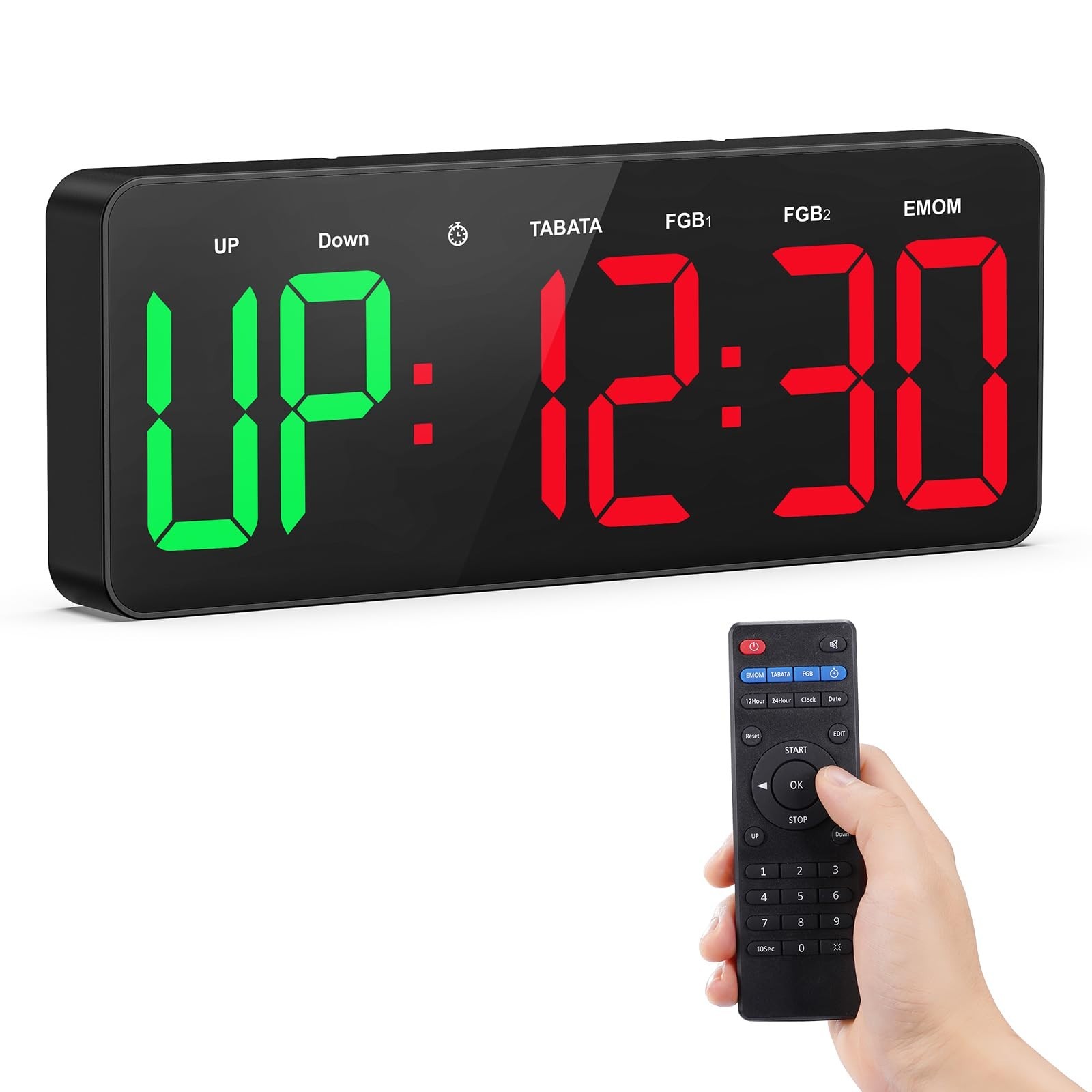 Large 12" LED Gym Timer Clock with Remote - Interval Countdown Stopwatch for Spo