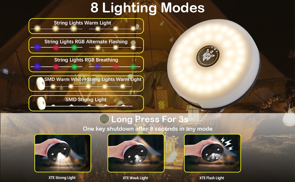 Camping String Lights, 4 in 1 Portable Camping Light Rechargeable, 8 Lighting