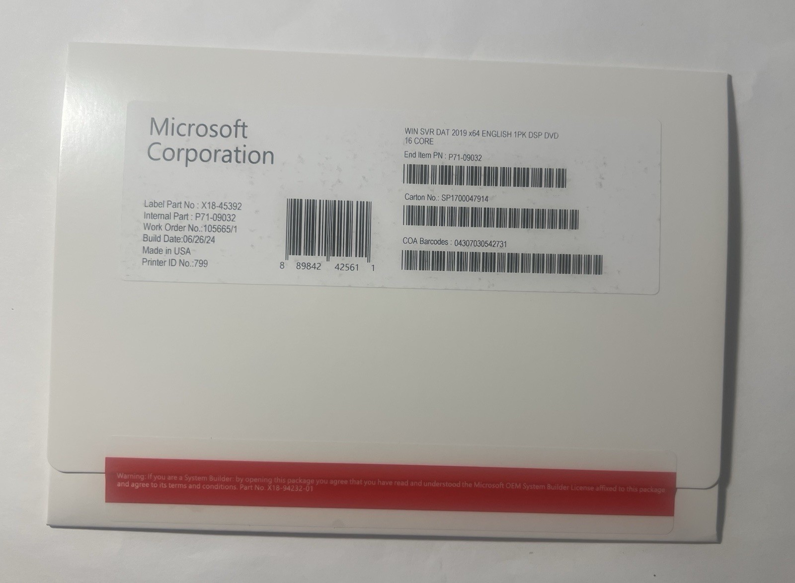 Microsoft Windows Server 2019 Datacenter  16 Core DVD + Key Sealed