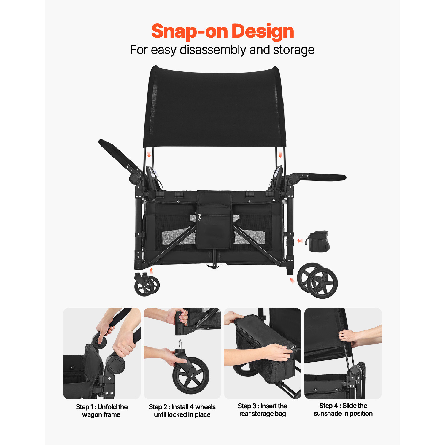 Wagon Stroller 4 seater Push Pull Quad Collapsible Stroller 330LBS with Canopy
