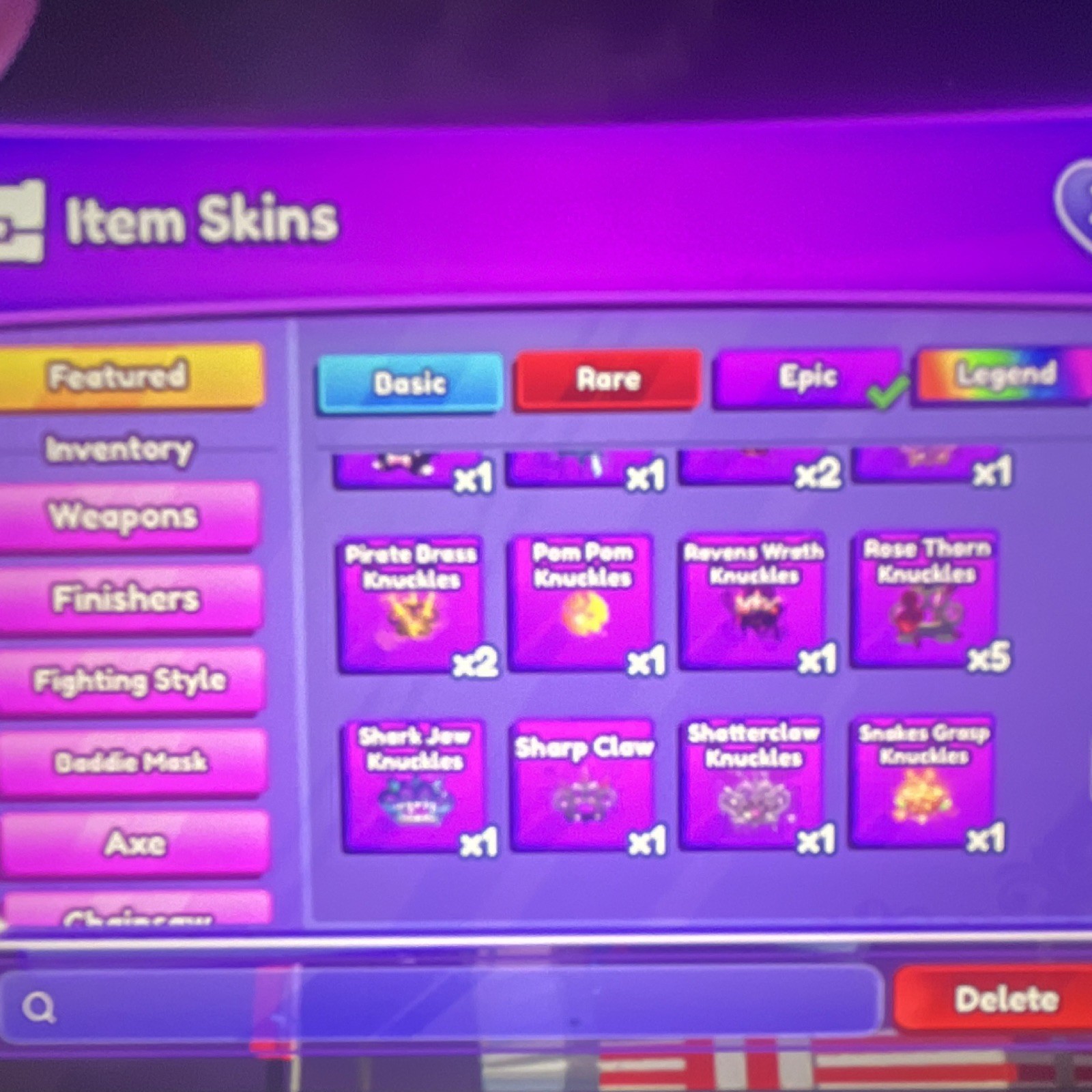 Item Skins Collection with Multiple Rarities - Knuckles, Axes, Chainsaws