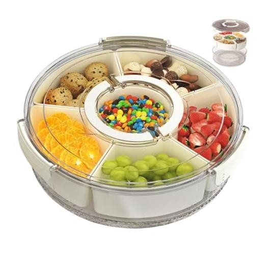 Snackle Box Container Divided Rotating Serving Tray with Lid and Handle |